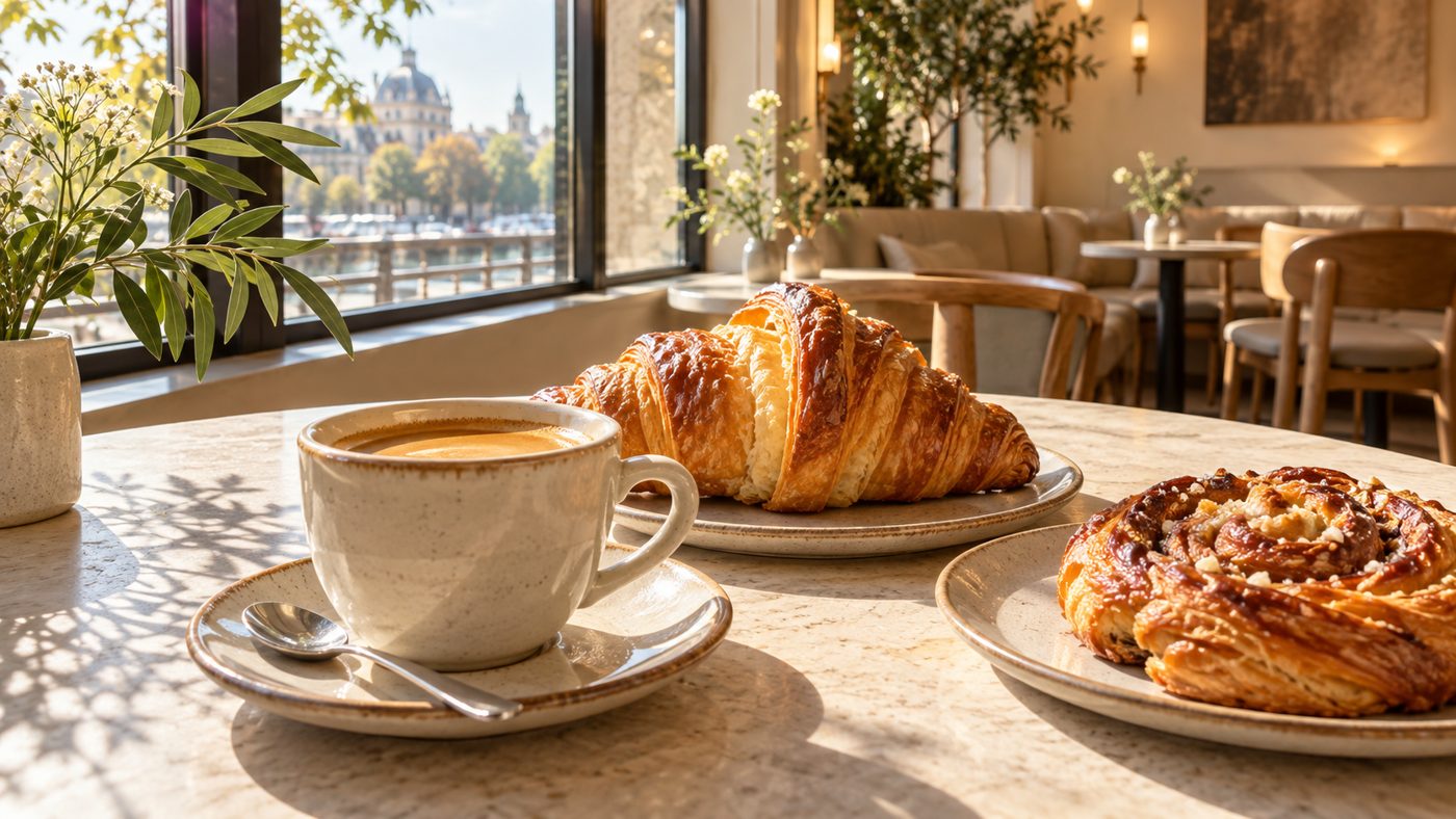 Kaffee und frisches Gebäck am Fenster eines modernen Cafés · generiertes Symbolbild
