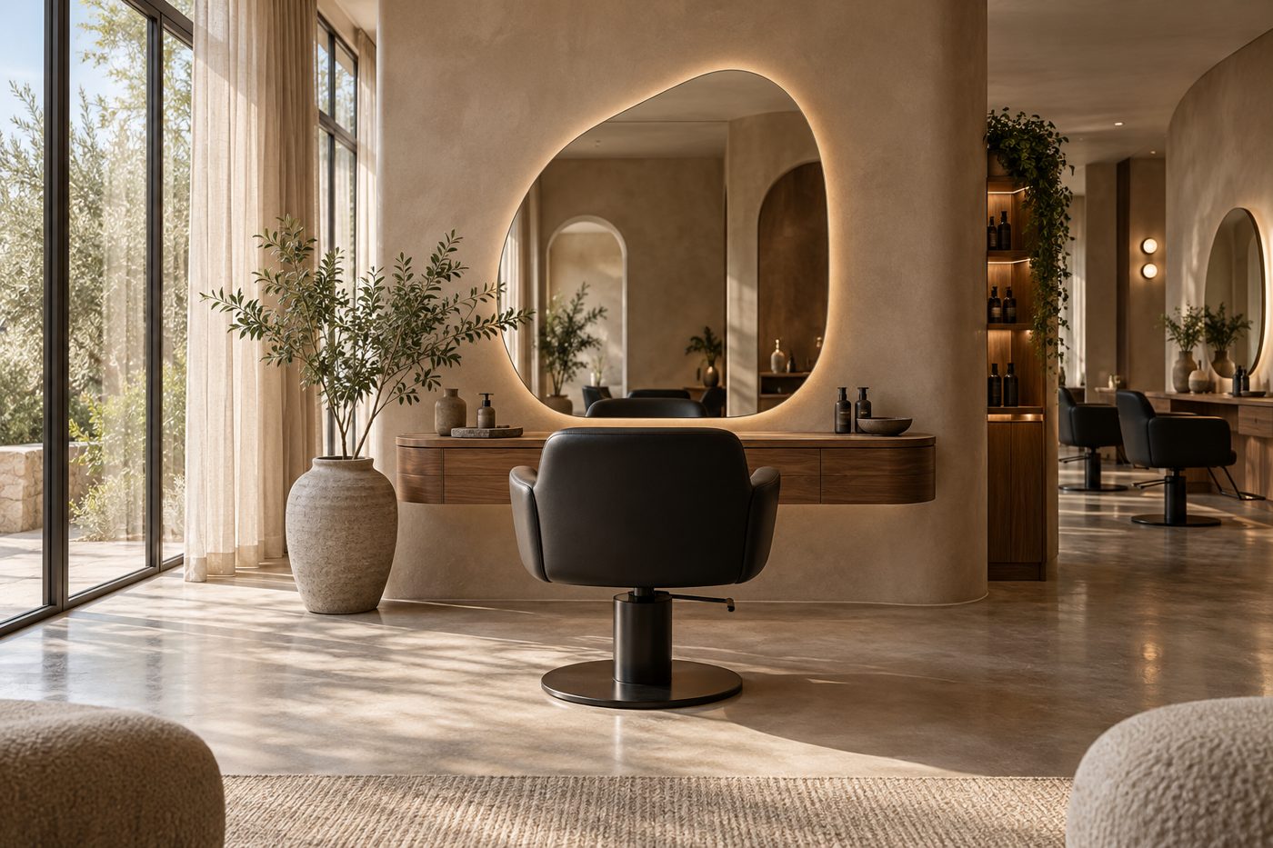 Zeitgemäß gestalteter Salon mit Stylingstuhl und großem Spiegel · generiertes Symbolbild
